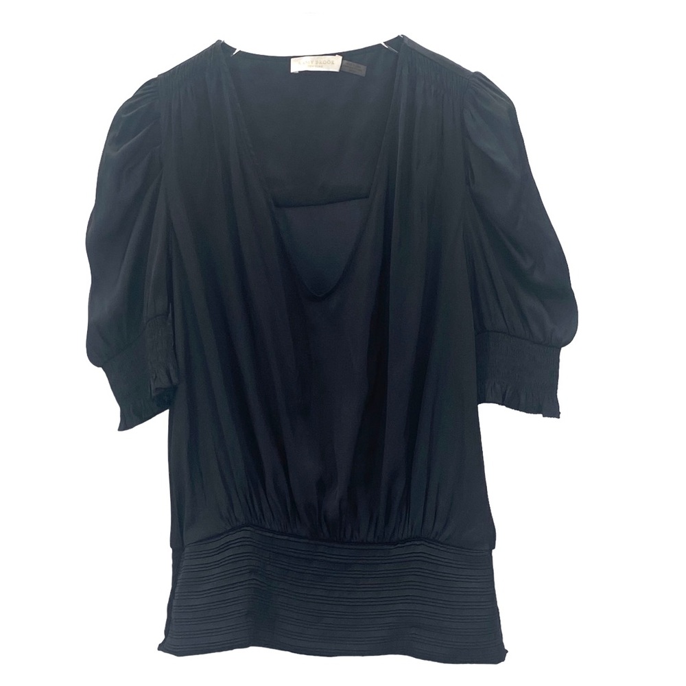 Ramy Brook Short Puff Sleeve Elastic Waist Long V Neck Blouse Black Size XS